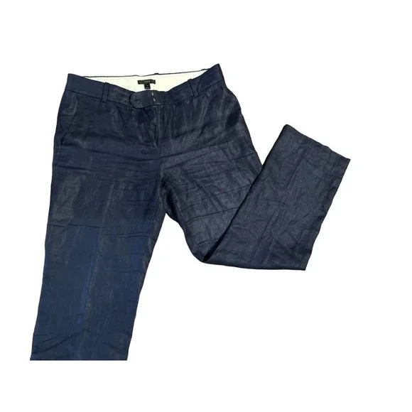 Women's J.Crew 100% Woven Linen Navy Blue Strait Leg Pants Trousers Size 8 - Picture 4 of 10